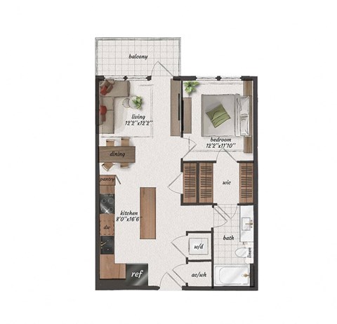 Floor plan for 1 bed, 1 bath, 690 sqft